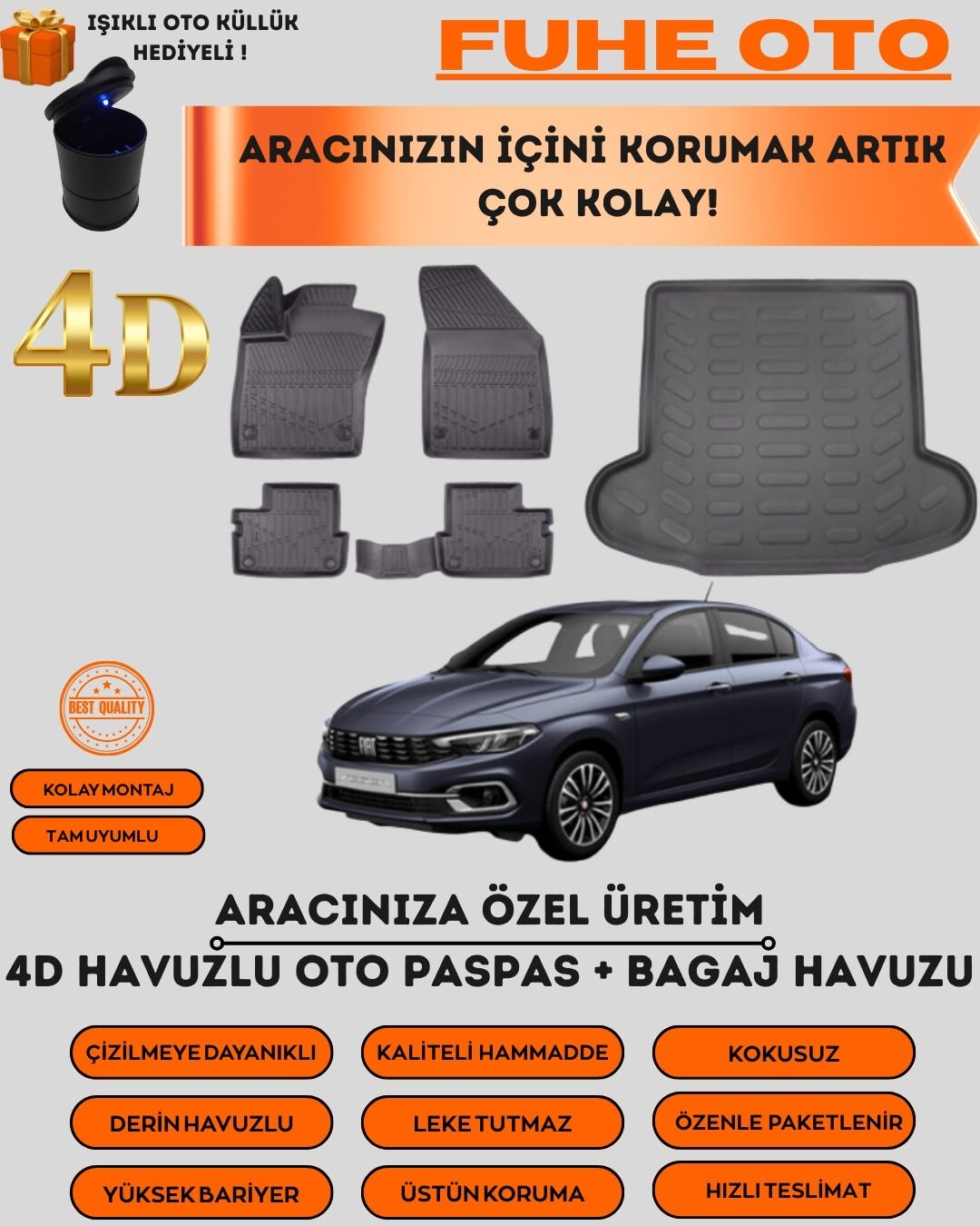 FİAT EGEA SEDAN 2015 SONRASI MODEL 4D BAGAJ HAVUZU+4D ARACA ÖZEL PASPAS TAKIMI  ÜSTÜN KORUMA - TAM UYUMLU