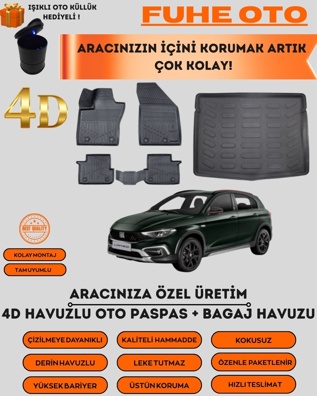 FİAT EGEA CROSS 2020 SONRASI 4D BAGAJ HAVUZU+4D ARACA ÖZEL PASPAS TAKIMI   ÜSTÜN KORUMA - TAM UYUMLU