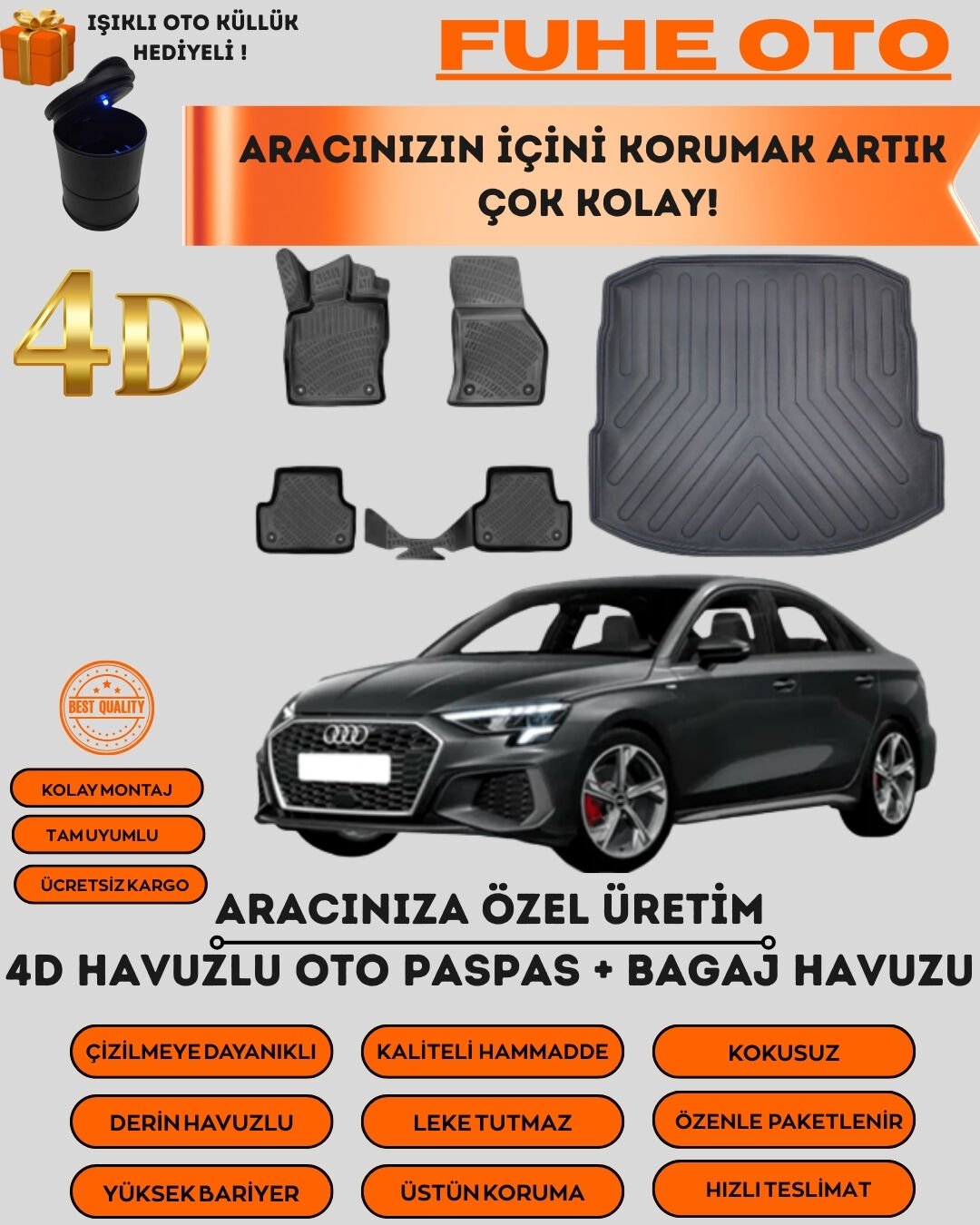 AUDİ A3 SEDAN 2020 SONRASI BAGAJ HAVUZU ARACA ÖZEL PASPAS TAKIMI   ÜSTÜN KORUMA - TAM UYUMLU