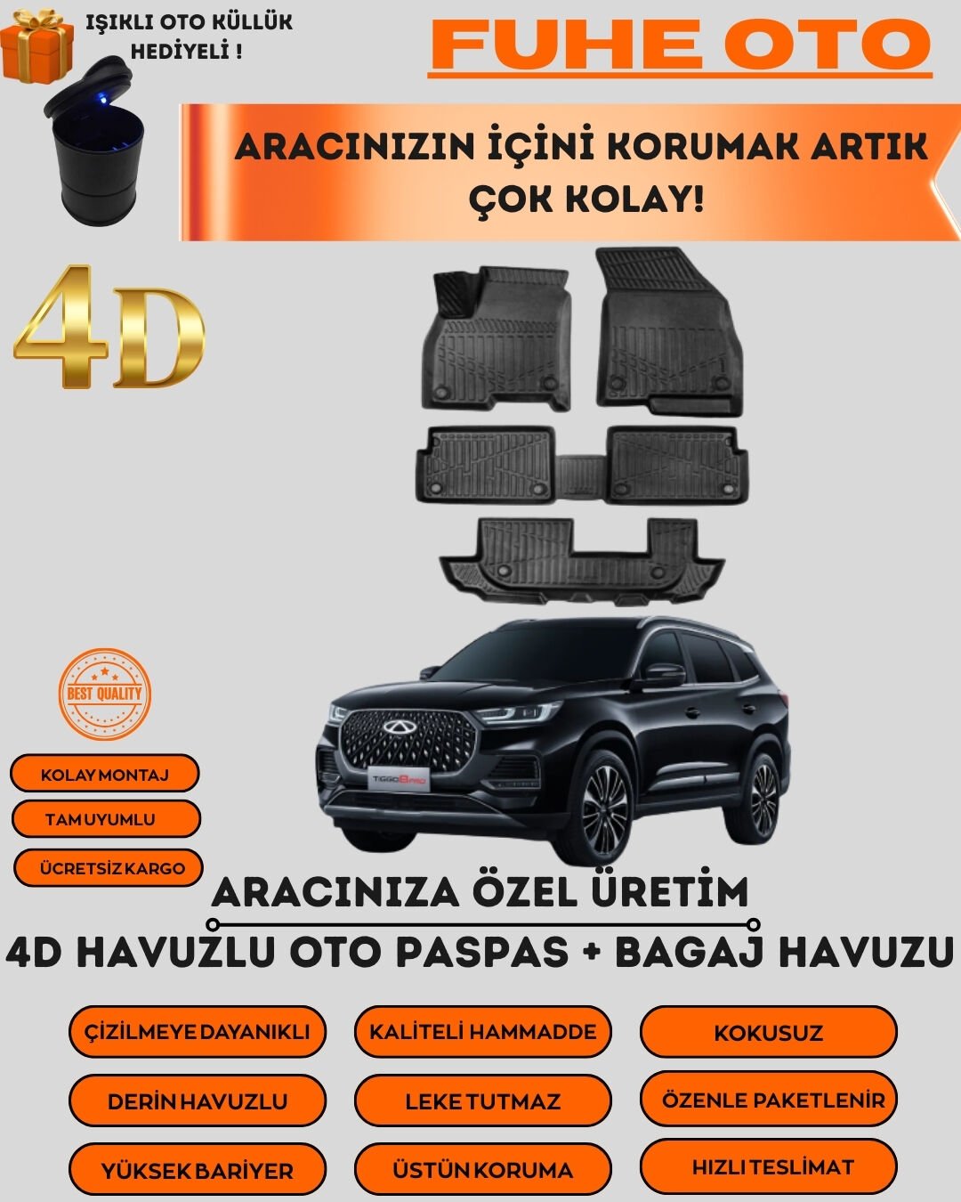 CHERY TİGGO 8 4D BAGAJ HAVUZU+4D ARACA ÖZEL PASPAS TAKIMI 7 KİŞİLİK   ÜSTÜN KORUMA - TAM UYUMLU