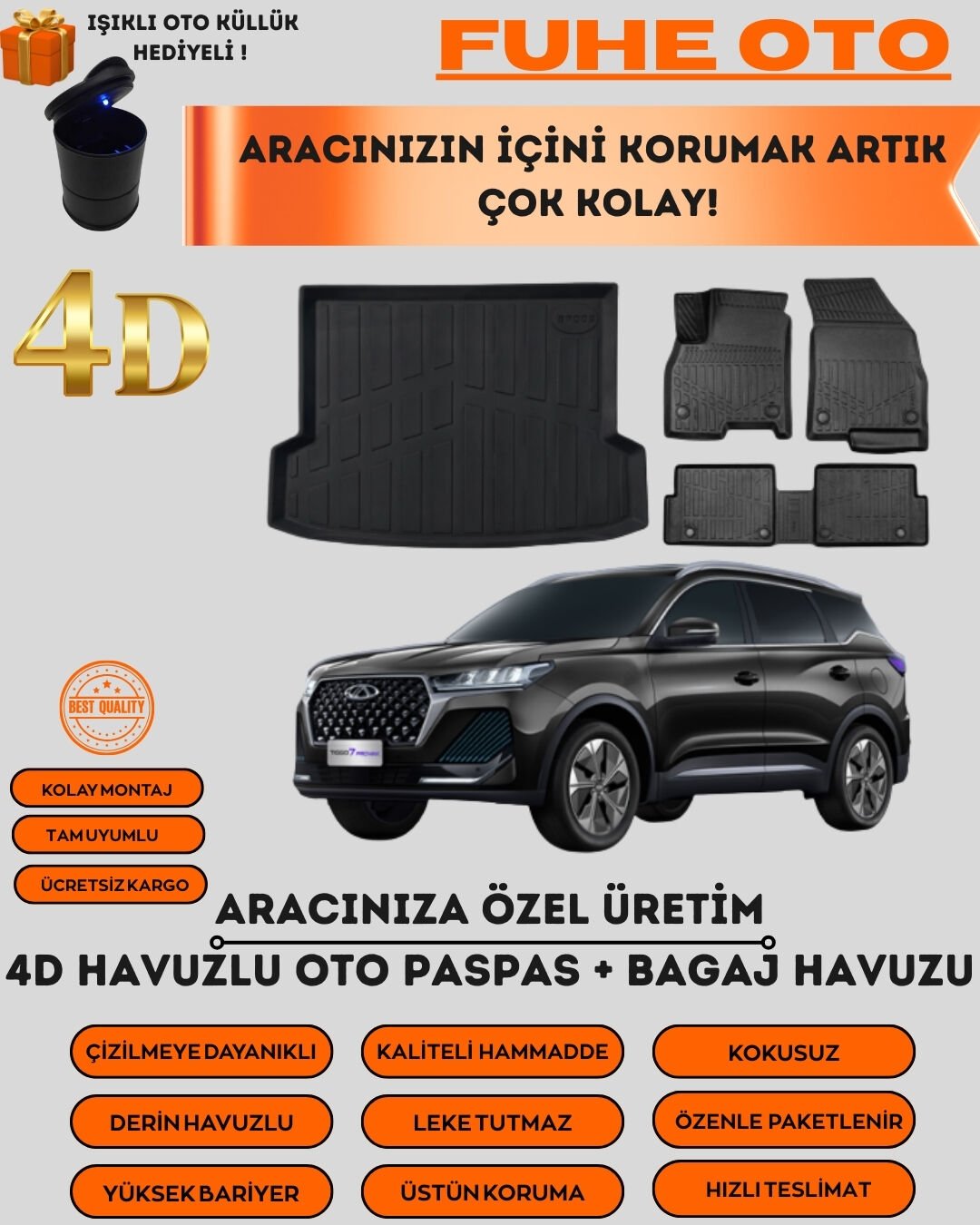 CHERY TİGGO 7 PRO 2022 VE SONRASI 4D BAGAJ HAVUZU+4D HAVUZLU PASPAS SETİ   ÜSTÜN KORUMA - TAM UYUMLU