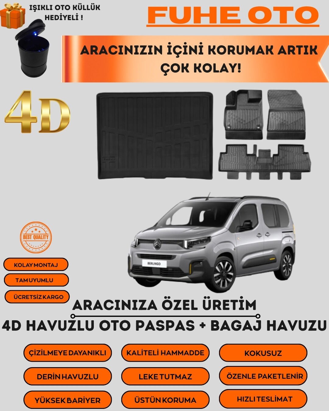 CİTROEN BERLİNGO 2019 VE SONRASI 4D BAGAJ HAVUZU+4D HAVUZLU PASPAS SETİ   ÜSTÜN KORUMA - TAM UYUMLU