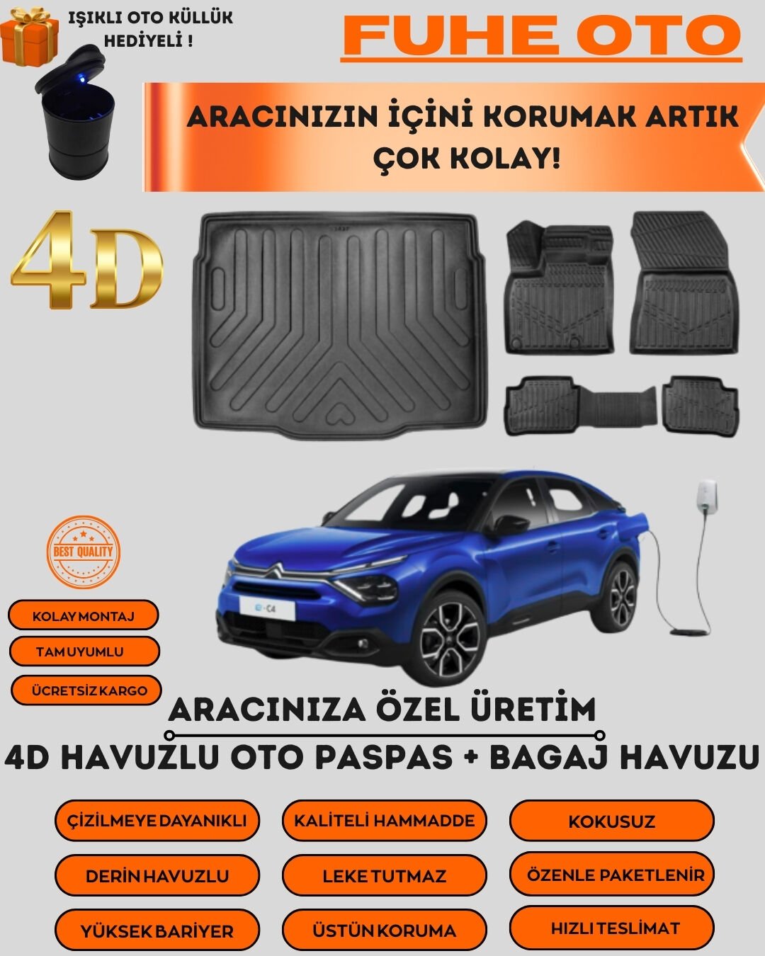 CİTROEN C4 2020 VE SONRASI 4D BAGAJ HAVUZU+4D HAVUZLU PASPAS SETİ(ELEKTRİKLİ)   ÜSTÜN KORUMA - TAM UYUMLU