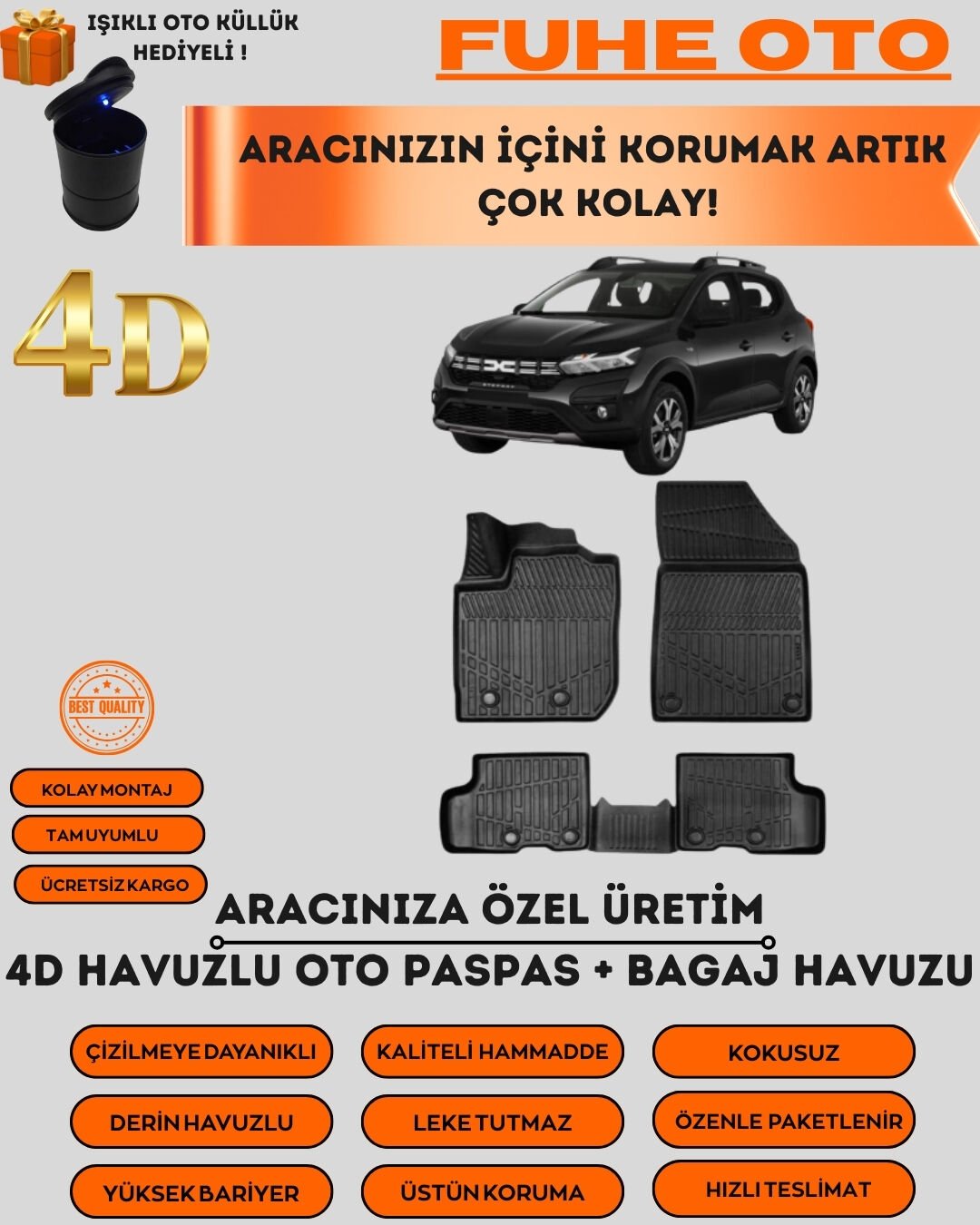 DACİA SANDERO 2020 SONRASI BAGAJ HAVUZU+4D ARACA ÖZEL PASPAS TAKIMI LUXURY SERİSİ   ÜSTÜN KORUMA - TAM UYUMLU