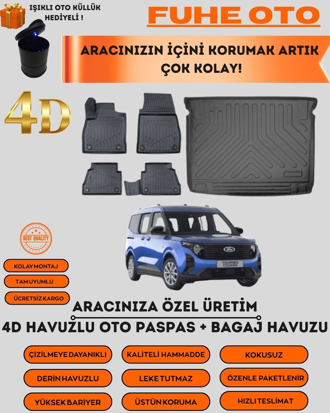 FORD COURİER 2024 SONRASI 4D BAGAJ HAVUZU+4D ARACA ÖZEL PASPAS TAKIMI LUXURY SERİSİ   ÜSTÜN KORUMA - TAM UYUMLU