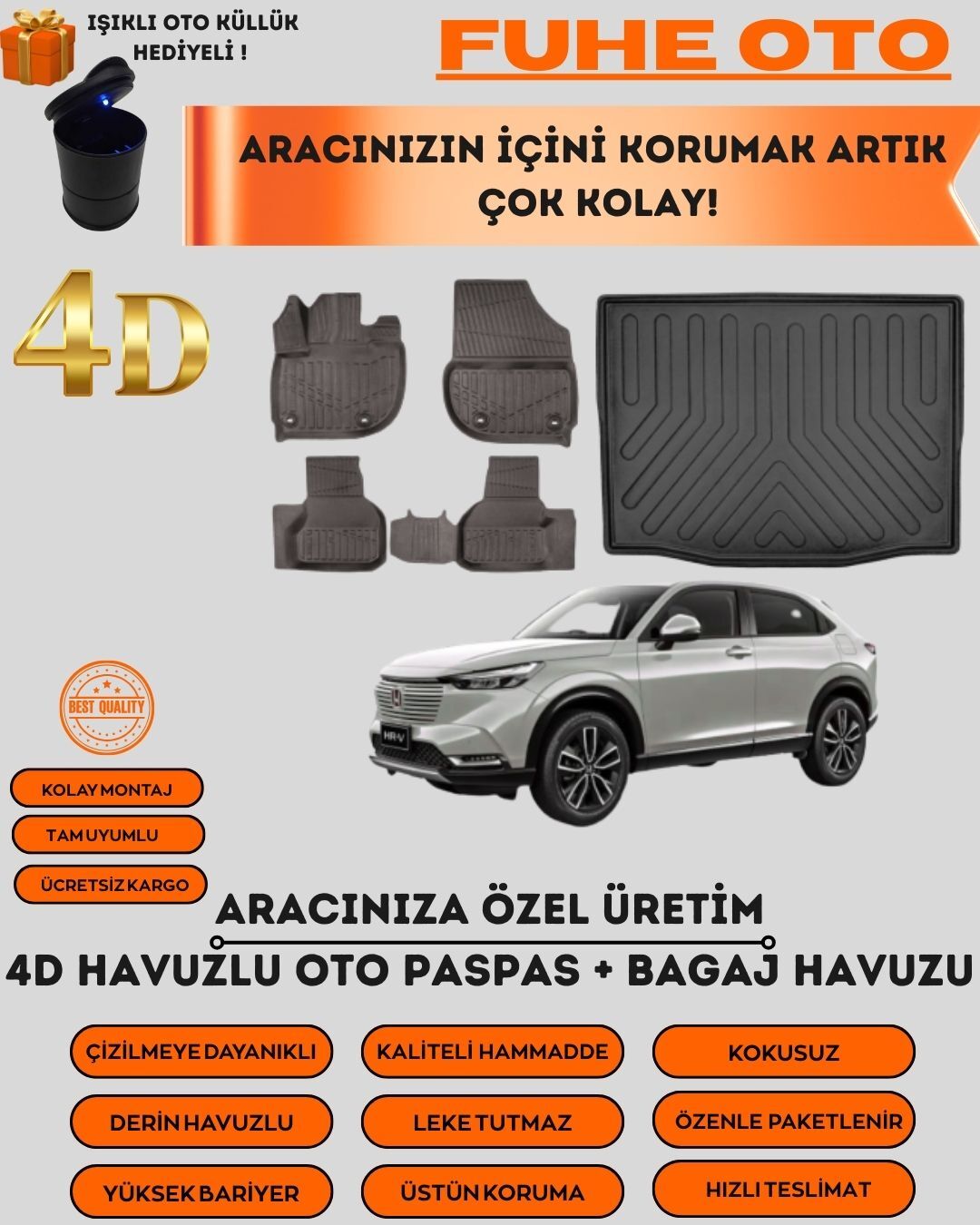 HONDA HR-V 2022 SONRASI 4D BAGAJ HAVUZU+4D ARACA ÖZEL PASPAS TAKIMI   ÜSTÜN KORUMA - TAM UYUMLU