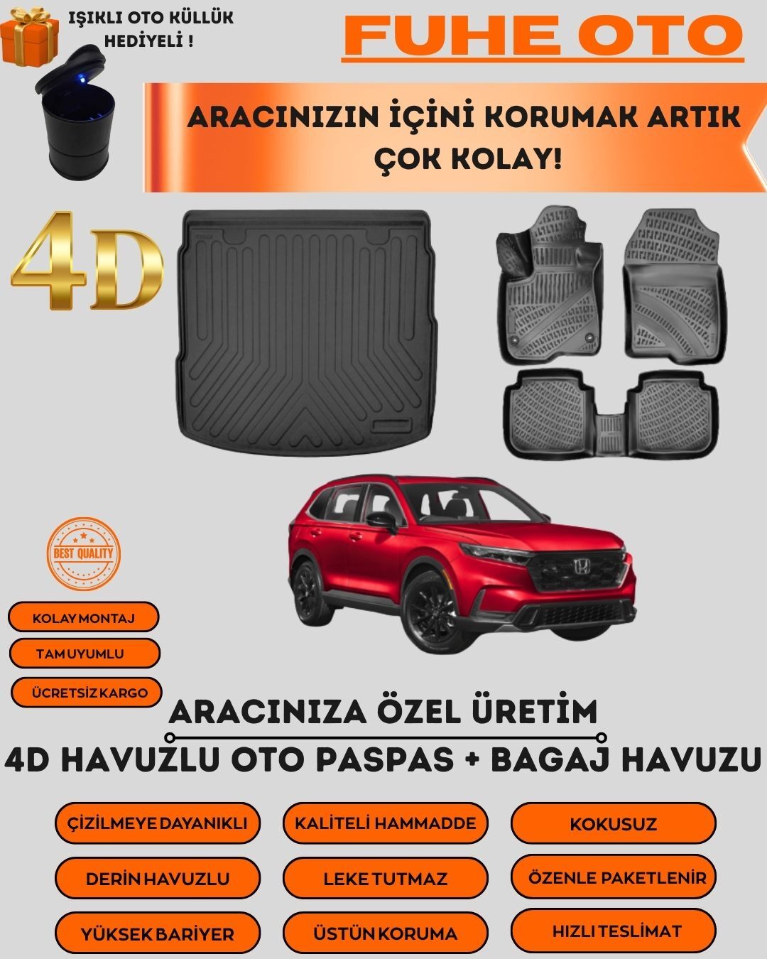 HONDA CRV 2023 SONRASI 4D BAGAJ HAVUZU+4D ARACA ÖZEL PASPAS TAKIMI   ÜSTÜN KORUMA - TAM UYUMLU