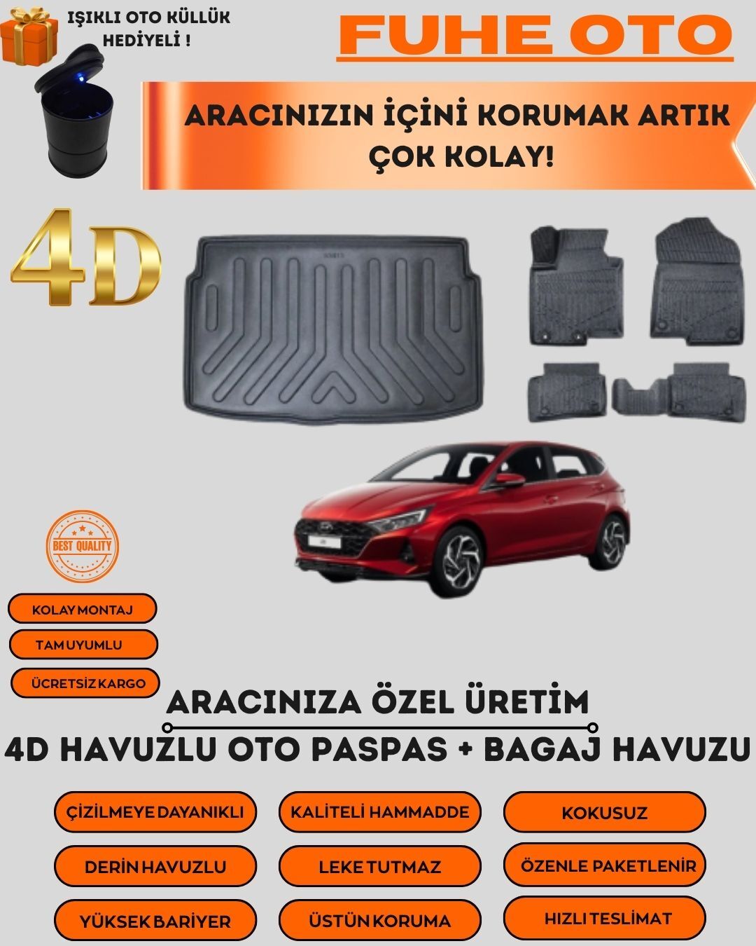 HYUNDAİ İ20 2020 VE SONRASI 4D BAGAJ HAVUZU+4D HAVUZLU PASPAS SETİ   ÜSTÜN KORUMA - TAM UYUMLU