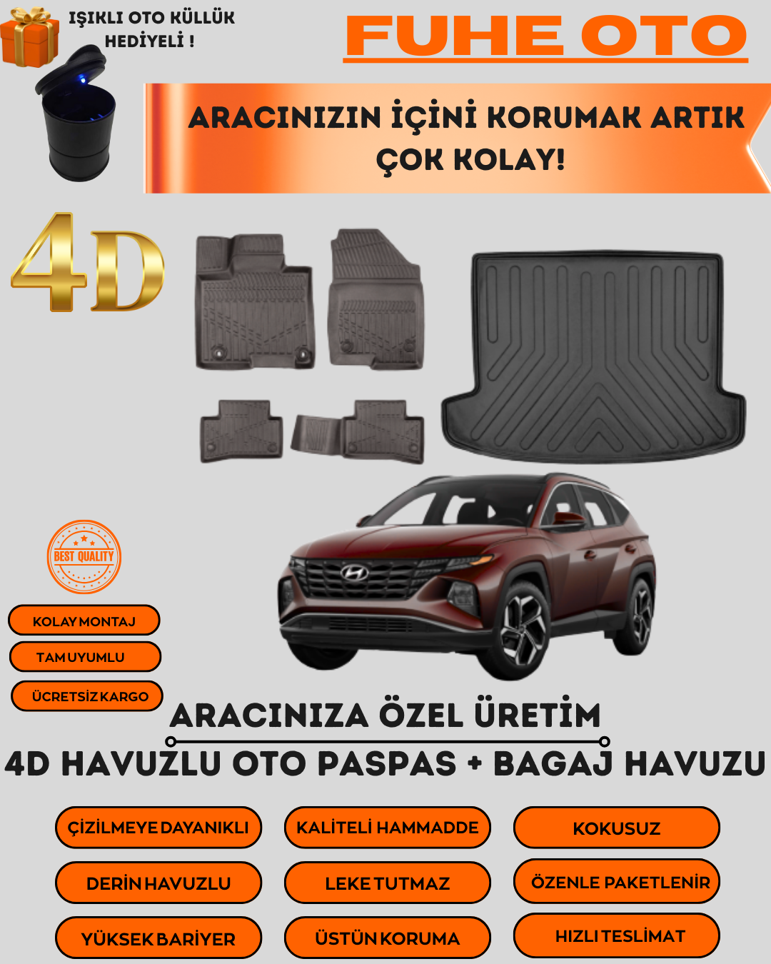 TUCSON 2021 SONRASI 4D BAGAJ HAVUZU+4D ARACA ÖZEL PASPAS TAKIMI   ÜSTÜN KORUMA - TAM UYUMLU