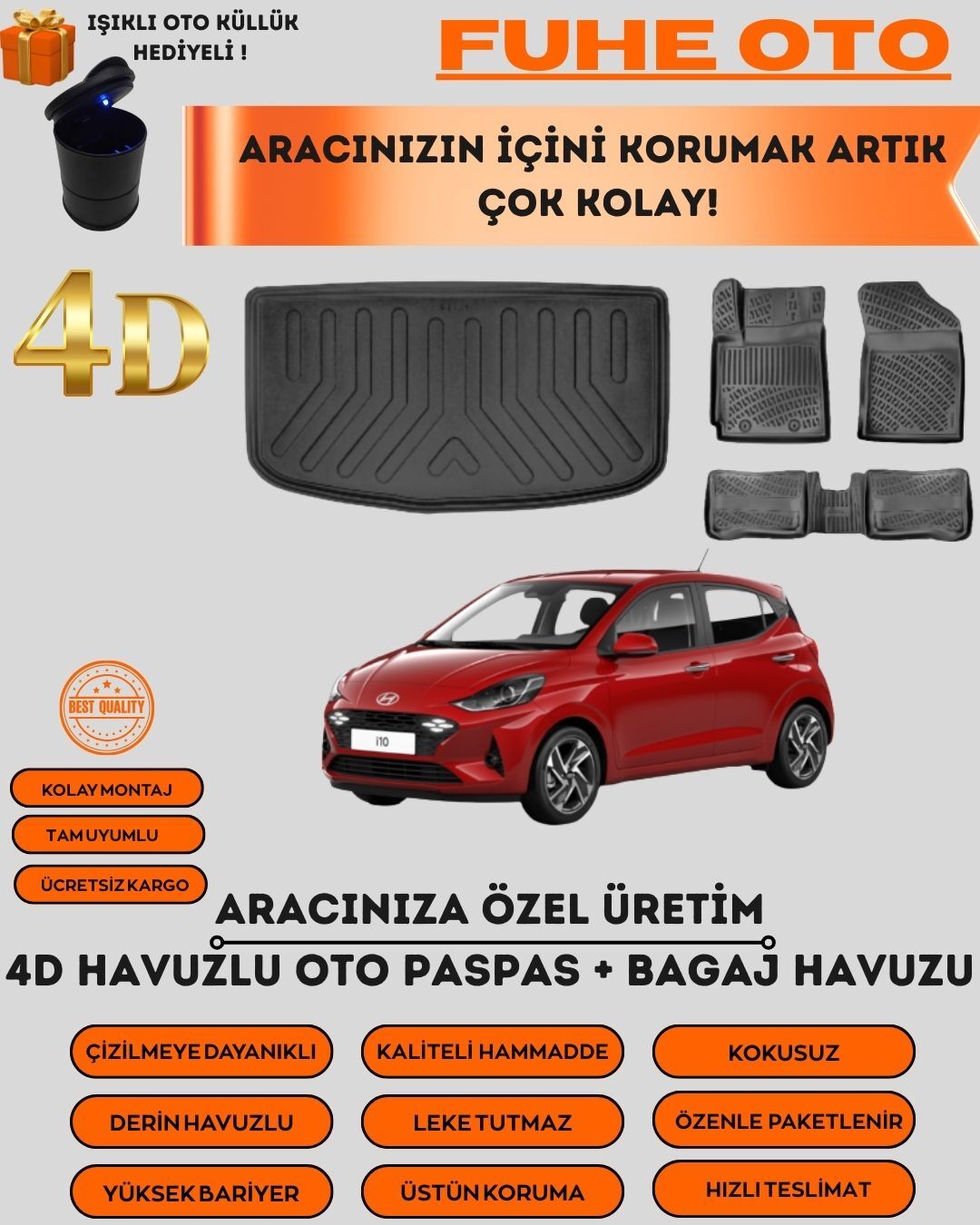 HYUNDAİ İ10 2019 SONRASI 4D BAGAJ HAVUZU+4D ARACA ÖZEL PASPAS TAKIMI   ÜSTÜN KORUMA - TAM UYUMLU