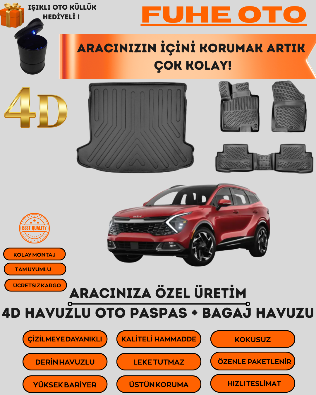KİA SPORTAGE 2021 SONRASI 4D BAGAJ HAVUZU+4D ARACA ÖZEL PASPAS TAKIMI   ÜSTÜN KORUMA - TAM UYUMLU