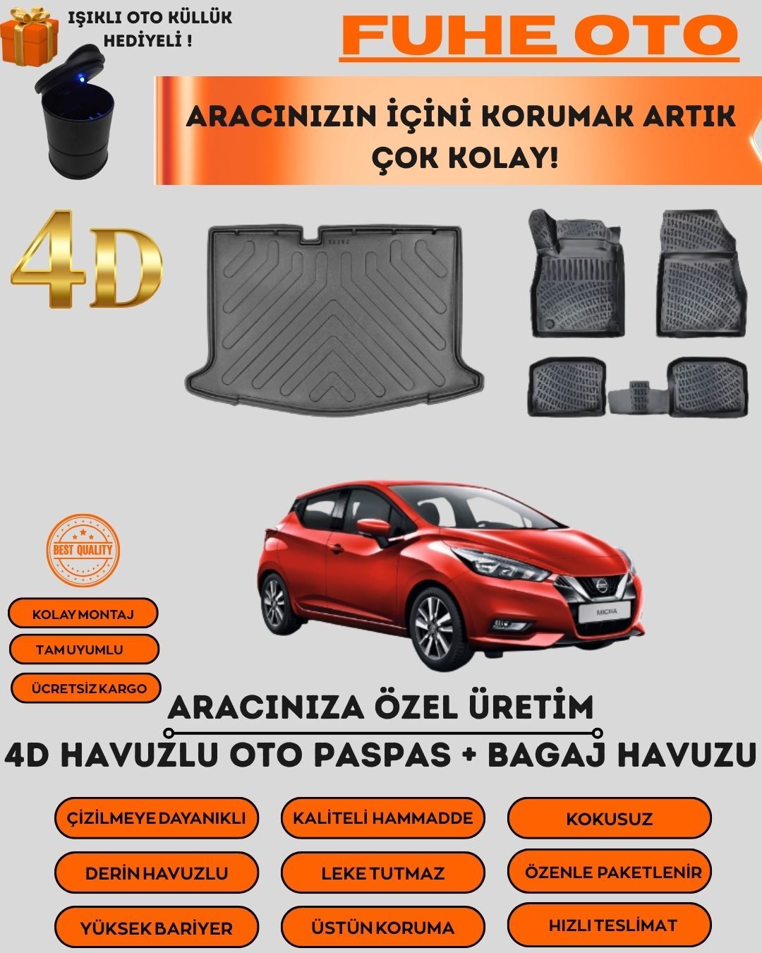 NİSSAN MİCRA 2018 SONRASI 4D BAGAJ HAVUZU+4D ARACA ÖZEL PASPAS TAKIMI   ÜSTÜN KORUMA - TAM UYUMLU
