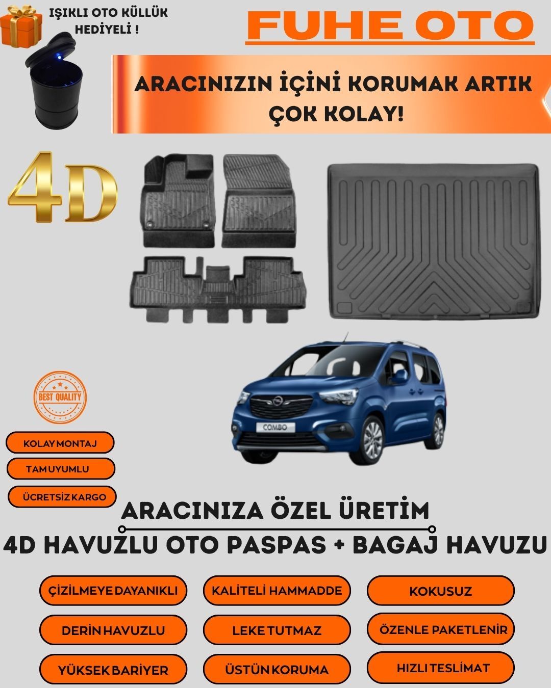 OPEL COMBO 2019 SONRASI BAGAJ HAVUZU+4D ARACA ÖZEL PASPAS TAKIMI   ÜSTÜN KORUMA - TAM UYUMLU