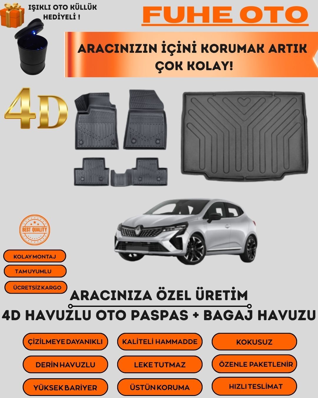 RENAULT CLİO 5 2019 SONRASI 4D BAGAJ HAVUZU+4D ARACA ÖZEL PASPAS TAKIMI   ÜSTÜN KORUMA - TAM UYUMLU