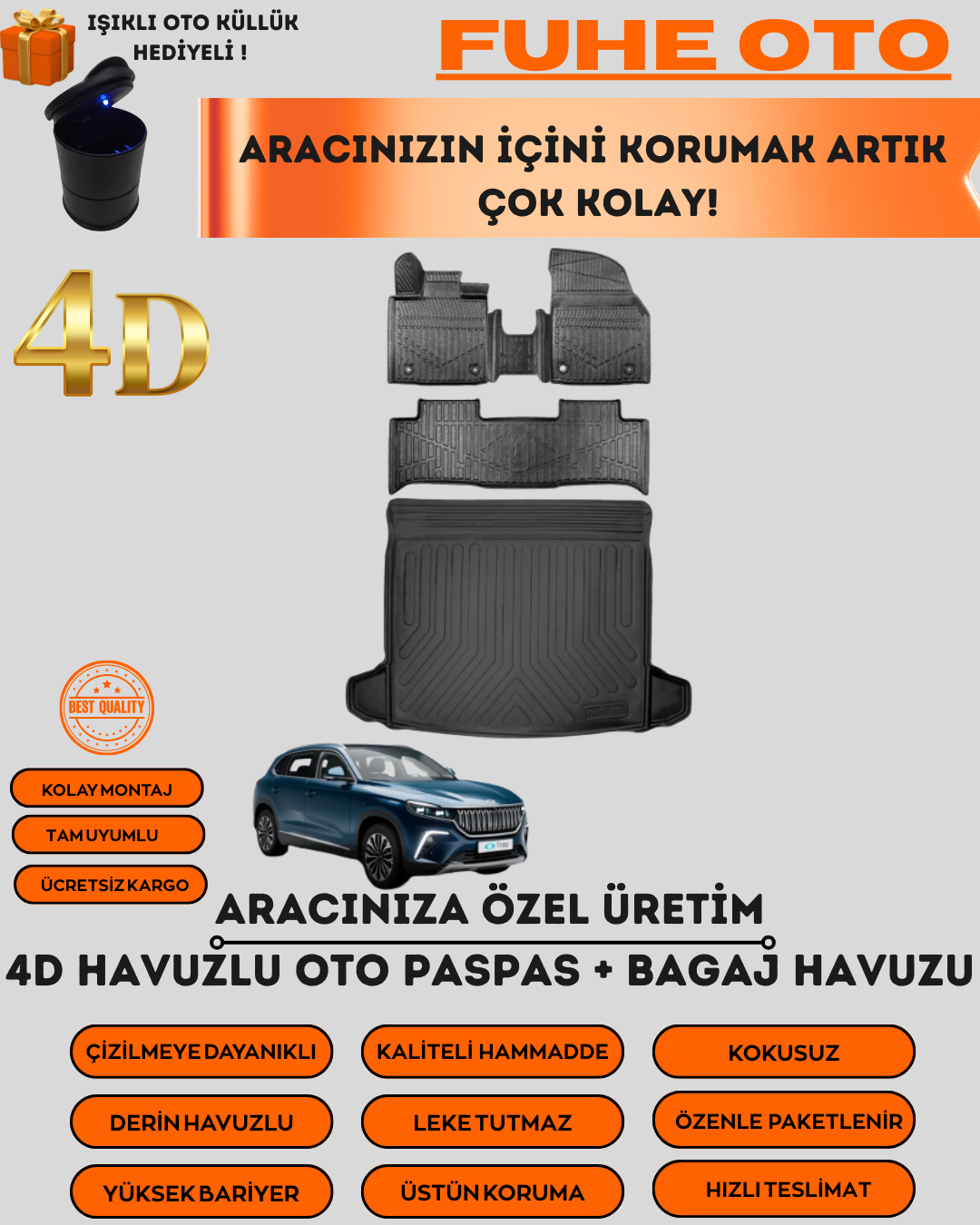 TOGG T10X 2023 VE SONRASI BAGAJ HAVUZU+ARACA ÖZEL ÜRETİM 4D HAVUZLU PASPAS   ÜSTÜN KORUMA - TAM UYUMLU