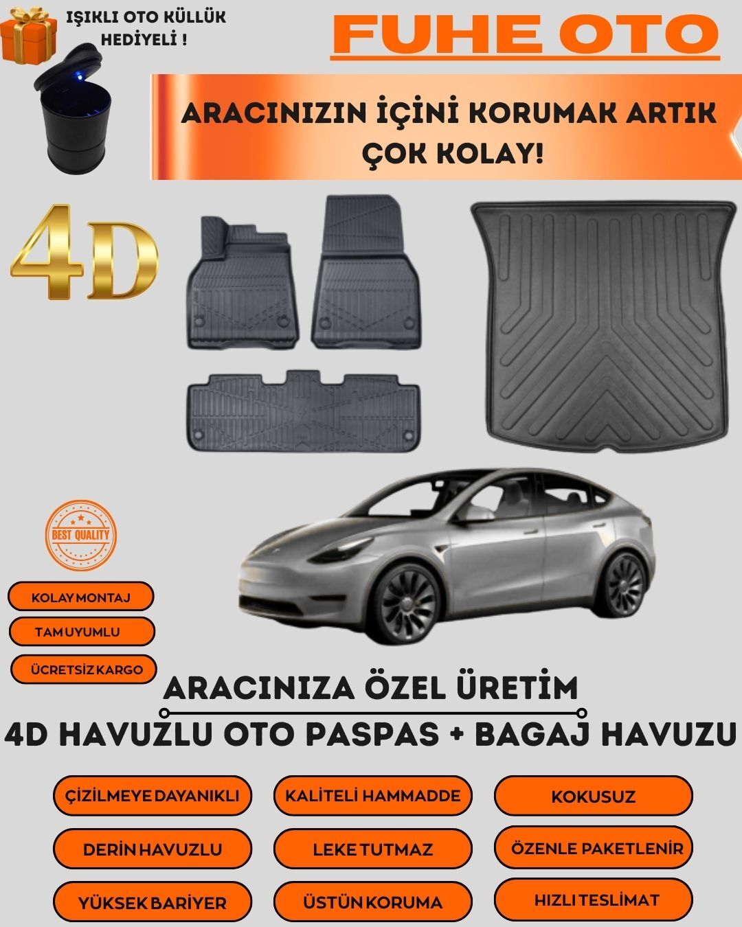 TESLA MODEL Y 2019 SONRASI 4D BAGAJ HAVUZU+4D ARACA ÖZEL PASPAS TAKIMI   ÜSTÜN KORUMA - TAM UYUMLU