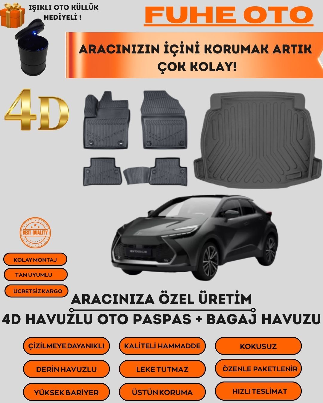 TOYOTA C-HR HİBRİT 2023 SONRASI 4D BAGAJ HAVUZU+4D ARACA ÖZEL PASPAS TAKIMI   ÜSTÜN KORUMA - TAM UYUMLU