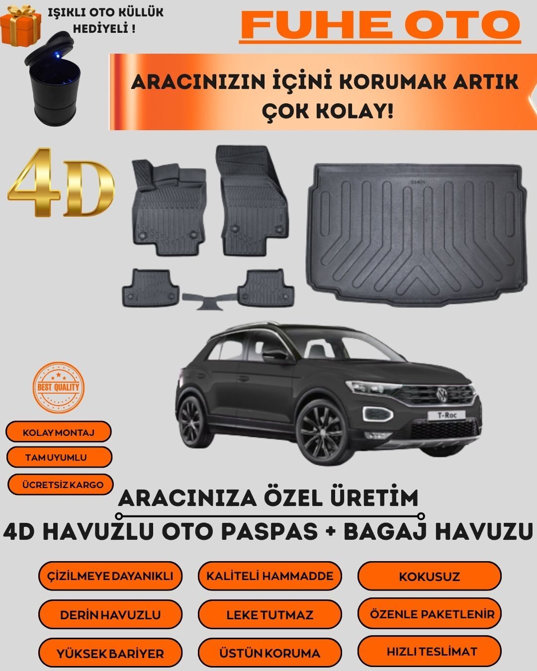 VOLKSWAGEN T-ROC 2017 SONRASI ALT 4D BAGAJ HAVUZU+4D ARACA ÖZEL PASPAS TAKIMI LUXURY SERİSİ   ÜSTÜN KORUMA - TAM UYUMLU