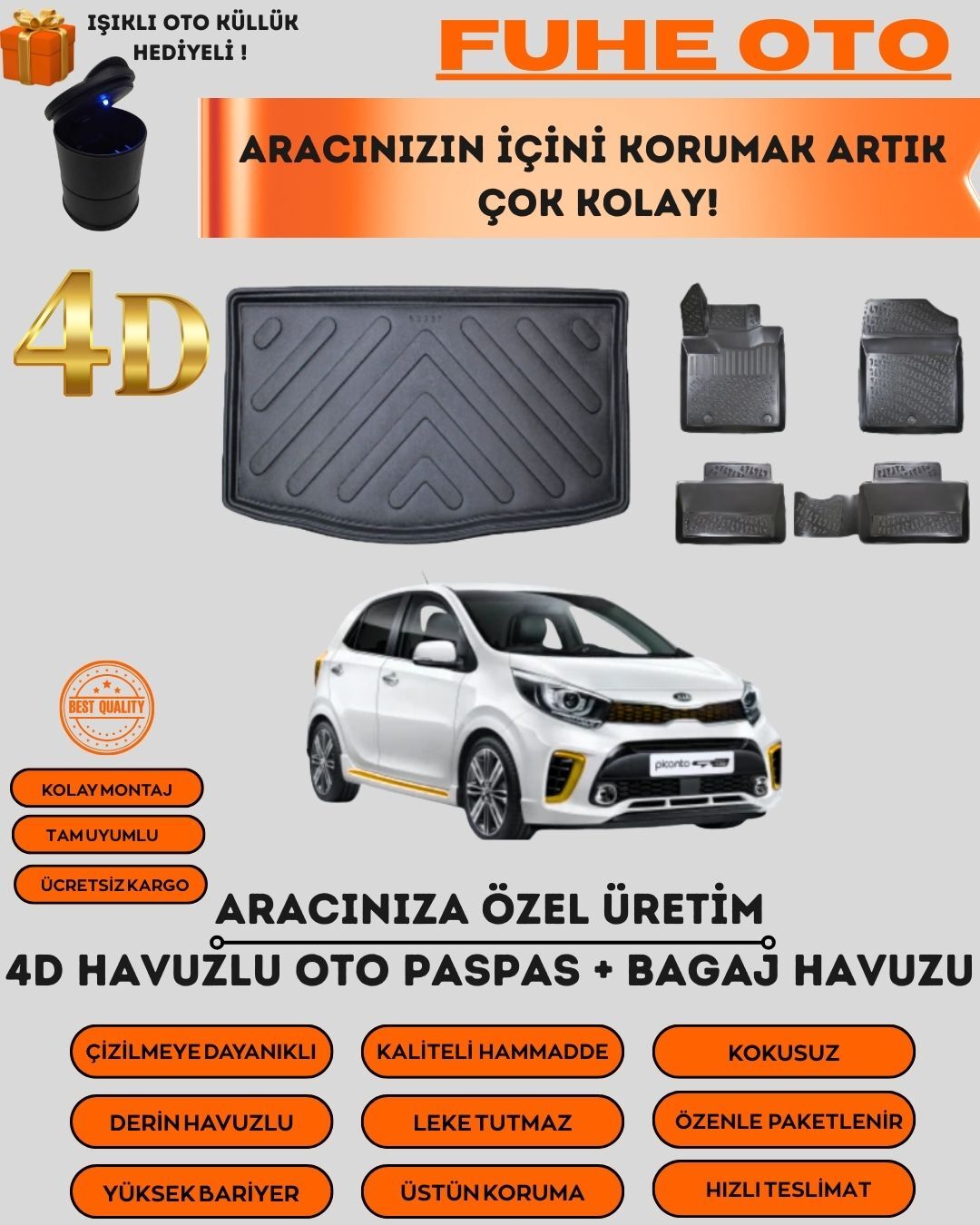 KİA PİCANTO 2017 VE SONRASI 4.5D PLUS HAVUZLU SİYAH PASPAS TAKIMI   ÜSTÜN KORUMA - TAM UYUMLU