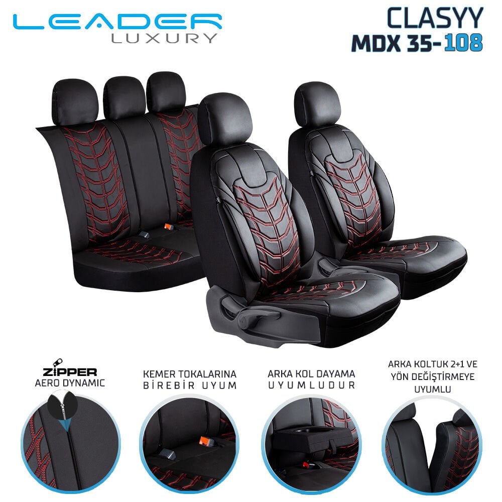 CLASYY DERİ OTO KOLTUK KILIFI SİYAH. NAKIŞ KIRMIZI