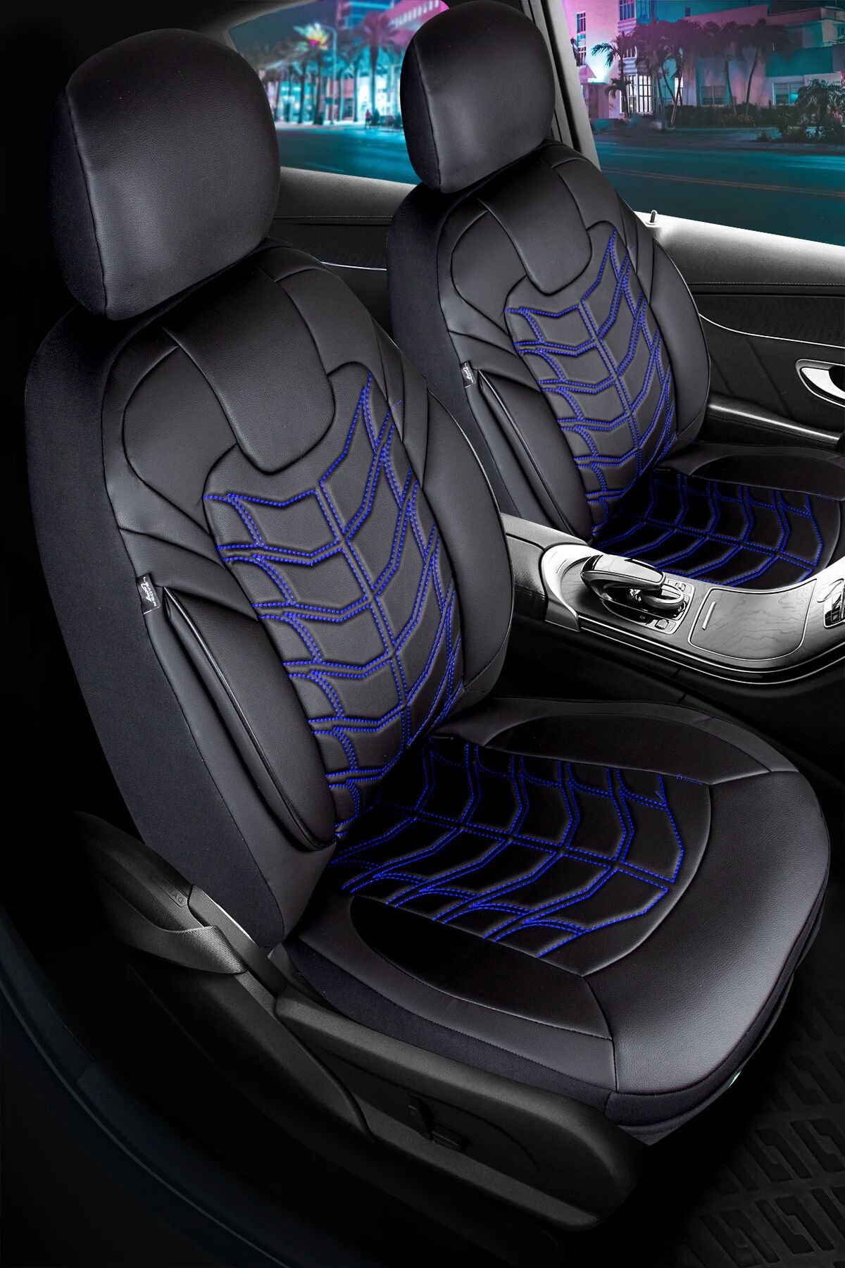 CLASYY DERİ OTO KOLTUK KILIFI SİYAH. NAKIŞ MAVİ