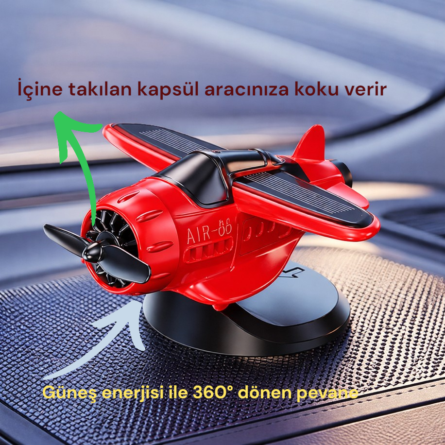 Araç İçi Güneş Enerjili Uçak Model Pervaneli Oto Parfümü – Torpido Üstü Dekoratif Koku (Kırmızı)