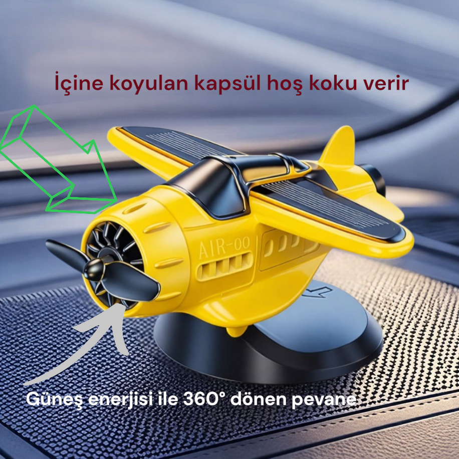 Araç İçi Güneş Enerjili Uçak Model Pervaneli Oto Parfümü – Torpido Üstü Dekoratif Koku SARI